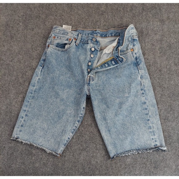 Levis 501 denim Shorts Mens 32 Blue Straight Button Fly Long Length Jorts Tag 34 - Picture 1 of 11